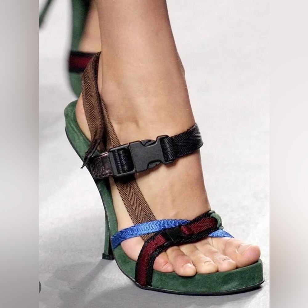 PRADA 2004 Green Suede Nylon Utility Strap Heels. EU 37.5